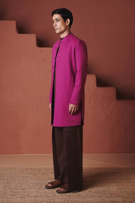 Saphed_Purple Cotton, Linen Orchid Long Jacket _at_Aza_Fashions