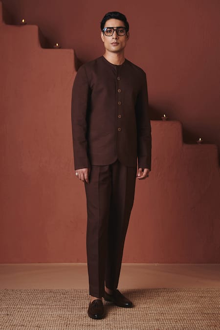 Saphed Coffee Round Neck Jacket & Pant Set 