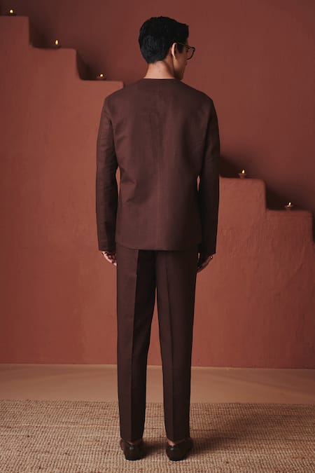 Saphed Coffee Round Neck Jacket & Pant Set 