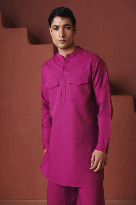 Saphed_Purple Cotton, Linen Orchid Saif Kurta Set _Online_at_Aza_Fashions