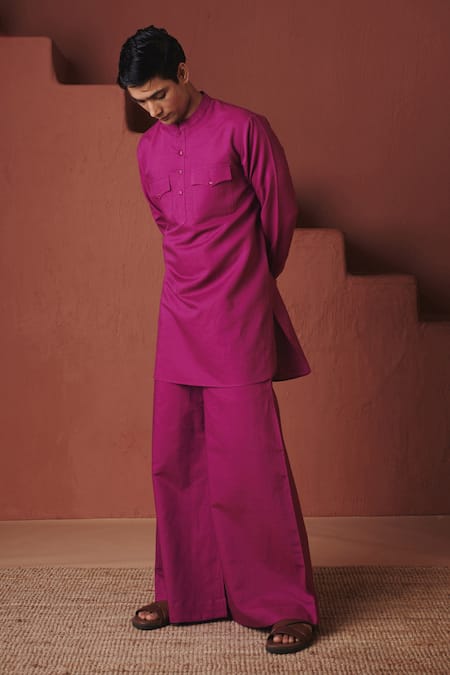 Shop_Saphed_Purple Cotton, Linen Orchid Saif Kurta Set _Online_at_Aza_Fashions