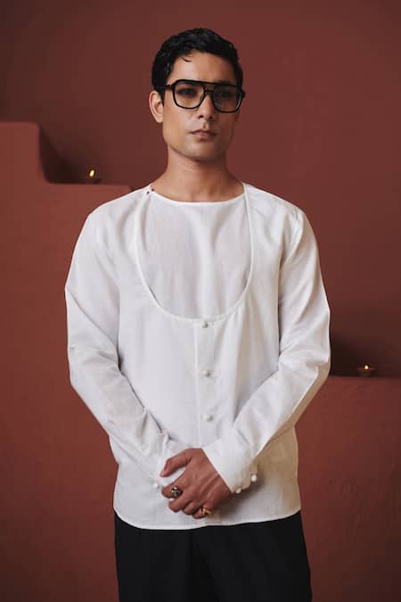 Saphed Vanilla Cotton Linen Angrakha Shirt 