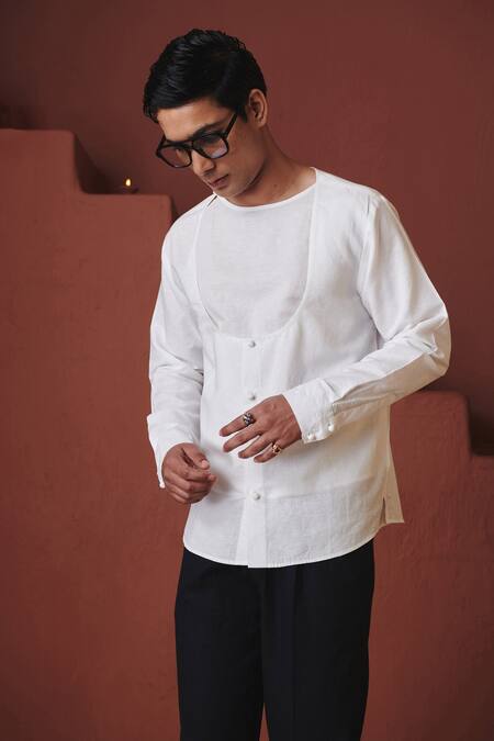 Buy_Saphed_White Cotton, Linen Vanilla Angrakha Shirt _Online_at_Aza_Fashions