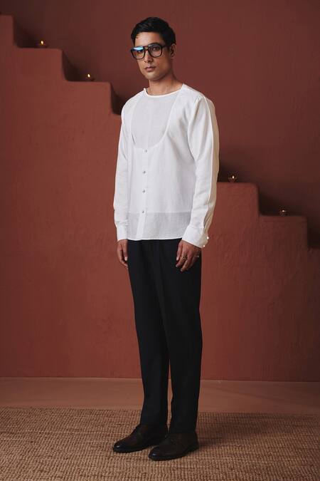 Shop_Saphed_White Cotton, Linen Vanilla Angrakha Shirt _Online_at_Aza_Fashions
