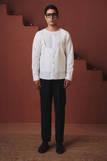 Saphed_White Cotton, Linen Vanilla Angrakha Shirt _at_Aza_Fashions