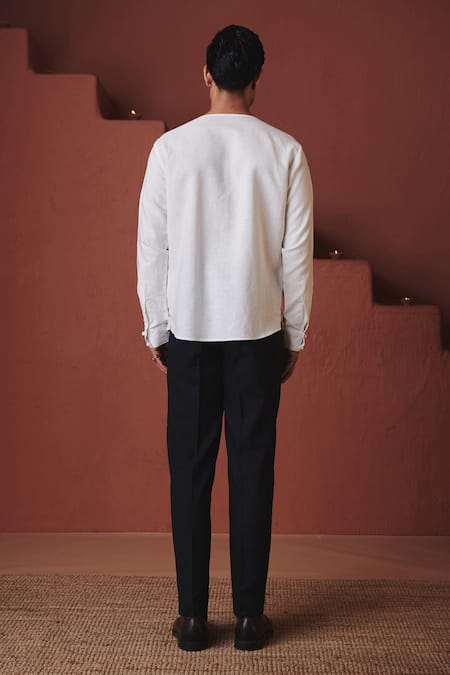 Saphed Vanilla Cotton Linen Angrakha Shirt 