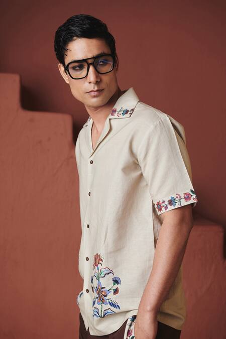 Shop_Saphed_Beige Cotton, Linen Embroidery Coffee Chintz Print Shirt Set _Online_at_Aza_Fashions