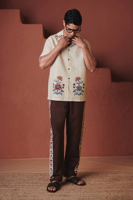 Saphed_Beige Cotton, Linen Embroidery Coffee Chintz Print Shirt Set _at_Aza_Fashions