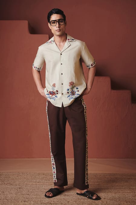 Saphed Beige Coffee Chintz Print Shirt Set 