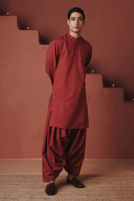 Saphed Brick Cotton Linen Dhoti Pant Kurta Set 