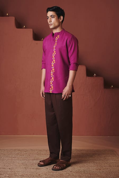 Saphed_Purple Cotton, Linen Embroidery Orchid Slim Fit Shirt _Online_at_Aza_Fashions