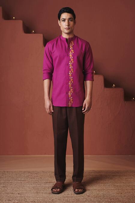 Shop_Saphed_Purple Cotton, Linen Embroidery Orchid Slim Fit Shirt _Online_at_Aza_Fashions