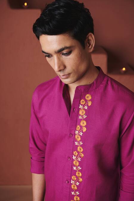Saphed_Purple Cotton, Linen Embroidery Orchid Slim Fit Shirt _at_Aza_Fashions