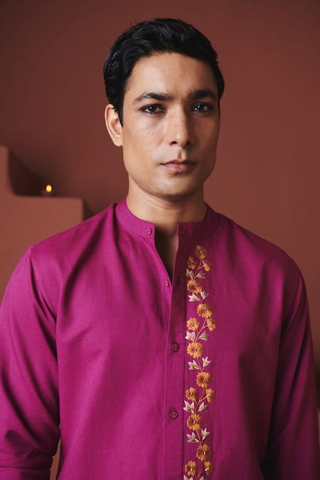 Buy_Saphed_Purple Cotton, Linen Embroidery Orchid Slim Fit Shirt 