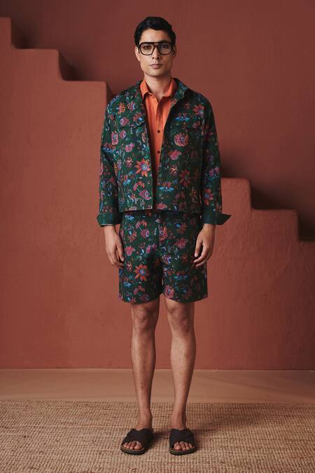 Buy_Saphed_Green Cotton, Linen Paan Chintz Print Trucker Jacket Set _Online_at_Aza_Fashions