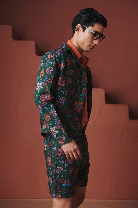 Saphed_Green Cotton, Linen Paan Chintz Print Trucker Jacket Set _at_Aza_Fashions
