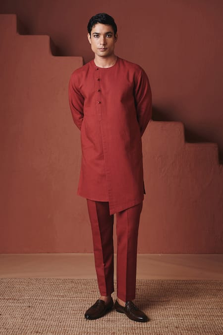 Saphed Brick Cotton Linen Side Open Kurta Set 