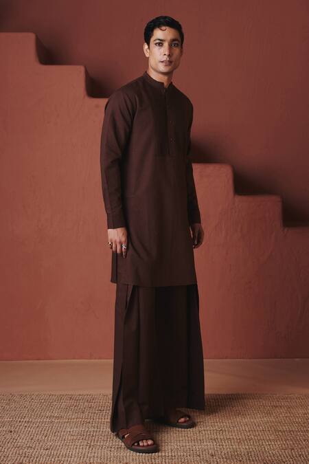 Saphed Coffee Pleated Yoke Kurta Set 