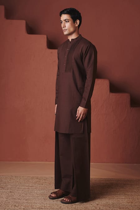 Saphed Coffee Pleated Yoke Kurta Set 