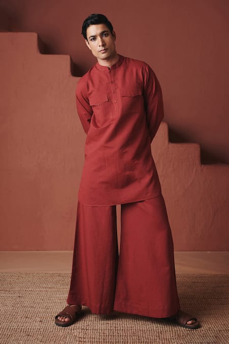 Saphed Brick Cotton Linen Saif Kurta Set 