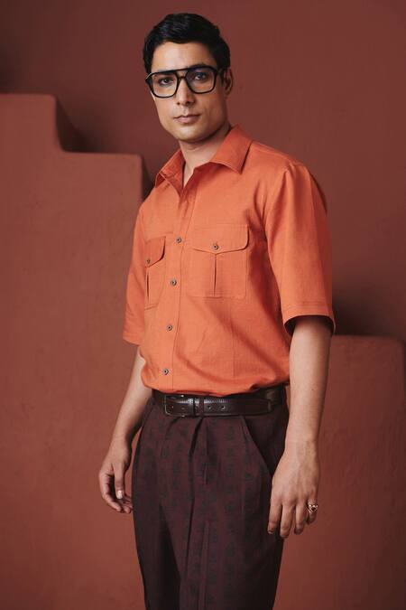 Saphed_Orange Cotton, Linen Marigold Flap Pocket Shirt _Online_at_Aza_Fashions