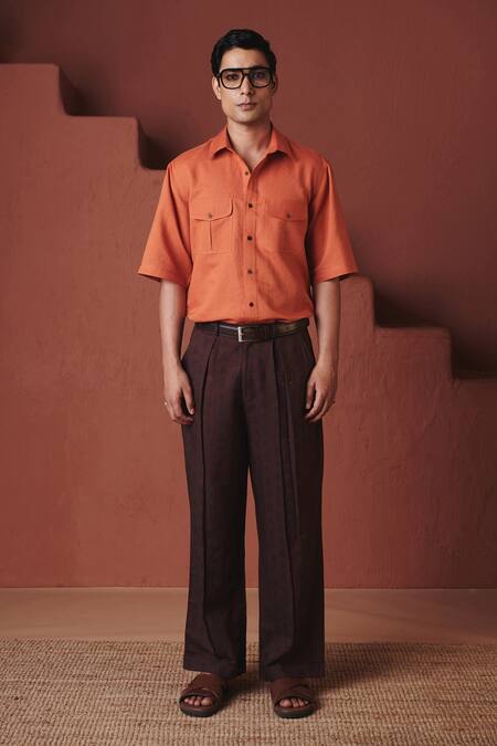 Buy_Saphed_Orange Cotton, Linen Marigold Flap Pocket Shirt _Online_at_Aza_Fashions