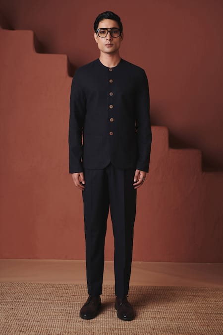 Saphed_Black Cotton, Linen Carbon Round Neck Jacket And Pant Set _Online_at_Aza_Fashions