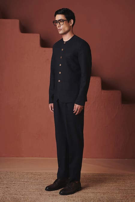 Shop_Saphed_Black Cotton, Linen Carbon Round Neck Jacket And Pant Set _Online_at_Aza_Fashions