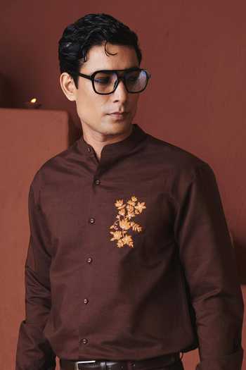 Saphed_Brown Cotton, Linen Embroidery Coffee Slim Fit Shirt _Online_at_Aza_Fashions