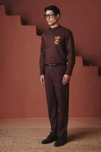 Buy_Saphed_Brown Cotton, Linen Embroidery Coffee Slim Fit Shirt _Online_at_Aza_Fashions