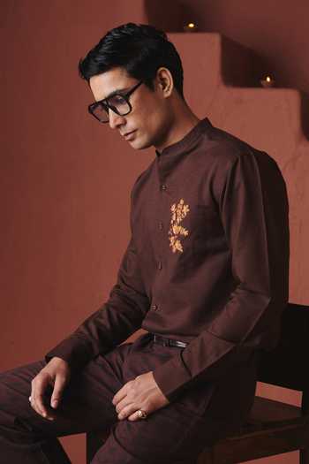 Shop_Saphed_Brown Cotton, Linen Embroidery Coffee Slim Fit Shirt _Online_at_Aza_Fashions