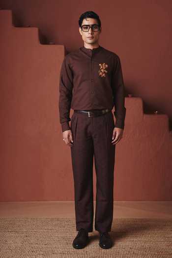 Saphed_Brown Cotton, Linen Embroidery Coffee Slim Fit Shirt _at_Aza_Fashions