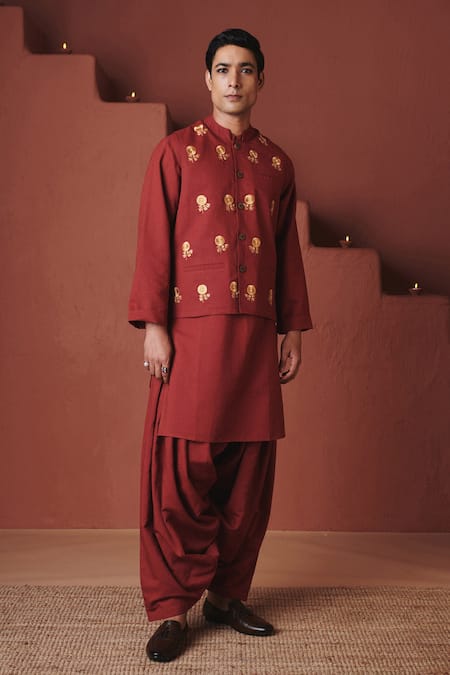 Saphed Brick Cotton Linen Nehru Jacket 