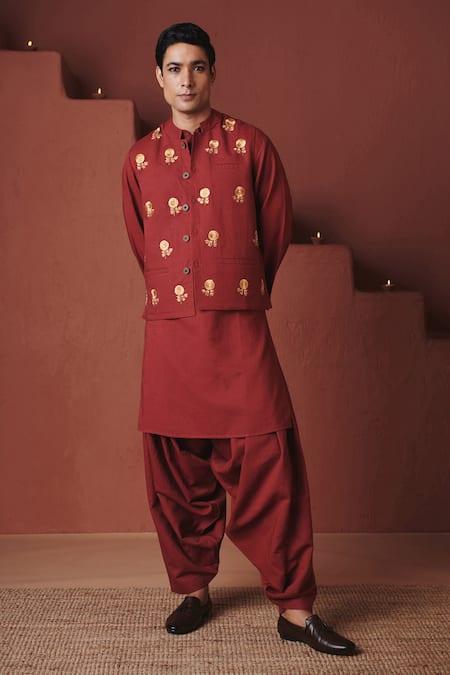 Saphed Brick Cotton Linen Nehru Jacket 