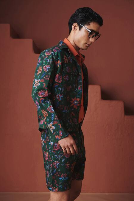 Saphed Green Cotton, Linen Paan Chintz Print Trucker Jacket Online at Aza Fashions Saphed_Green Cotton, Linen Paan Chintz Print Trucker Jacket _Online_at_Aza_Fashions