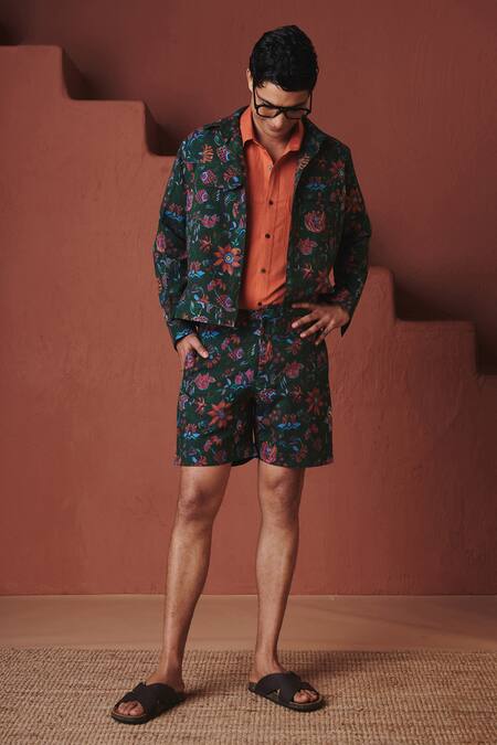 Shop Saphed Green Cotton, Linen Paan Chintz Print Trucker Jacket Online at Aza Fashions Shop_Saphed_Green Cotton, Linen Paan Chintz Print Trucker Jacket _Online_at_Aza_Fashions