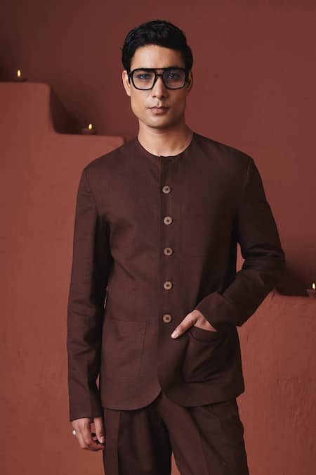 Saphed Coffee Round Neck Bandhgala 