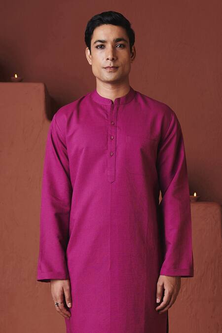 Saphed_Purple Cotton, Linen Orchid Kurta _Online_at_Aza_Fashions