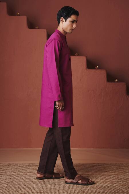 Shop_Saphed_Purple Cotton, Linen Orchid Kurta _Online_at_Aza_Fashions