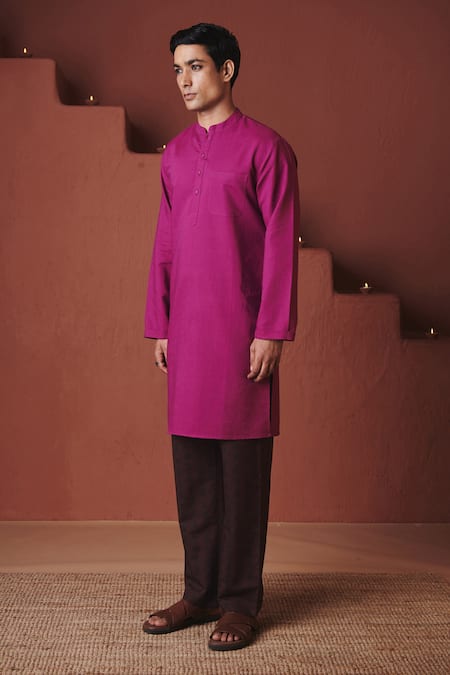 Saphed_Purple Cotton, Linen Orchid Kurta _at_Aza_Fashions