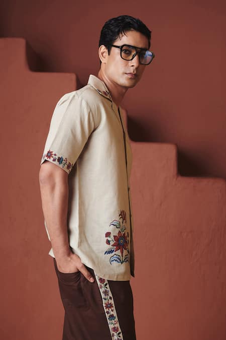 Saphed_Beige Cotton, Linen Embroidery Chintz Print Camp Collar Shirt _Online_at_Aza_Fashions