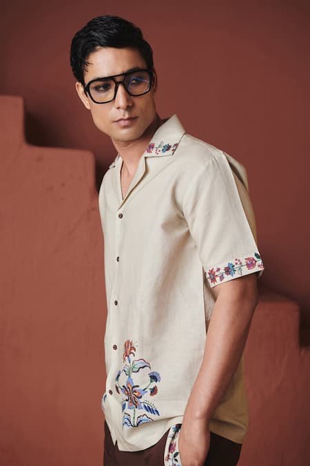 Buy_Saphed_Beige Cotton, Linen Embroidery Chintz Print Camp Collar Shirt _Online_at_Aza_Fashions