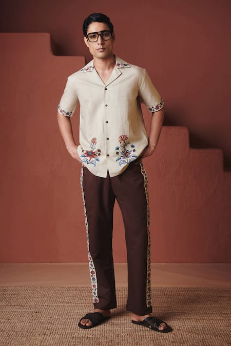 Shop_Saphed_Beige Cotton, Linen Embroidery Chintz Print Camp Collar Shirt _Online_at_Aza_Fashions