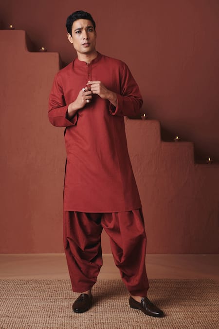 Saphed Brick Cotton Linen Kurta 