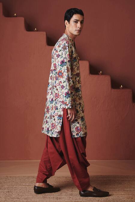 Saphed_Beige Cotton, Linen Chintz Print Kurta _Online_at_Aza_Fashions
