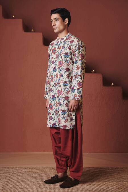Buy_Saphed_Beige Cotton, Linen Chintz Print Kurta _Online_at_Aza_Fashions