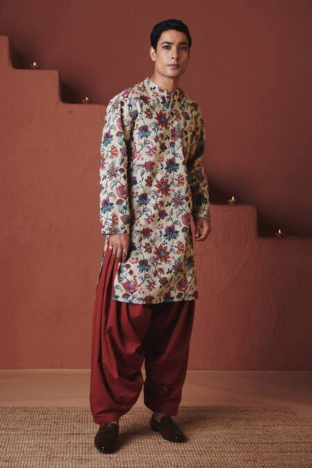 Shop_Saphed_Beige Cotton, Linen Chintz Print Kurta _Online_at_Aza_Fashions