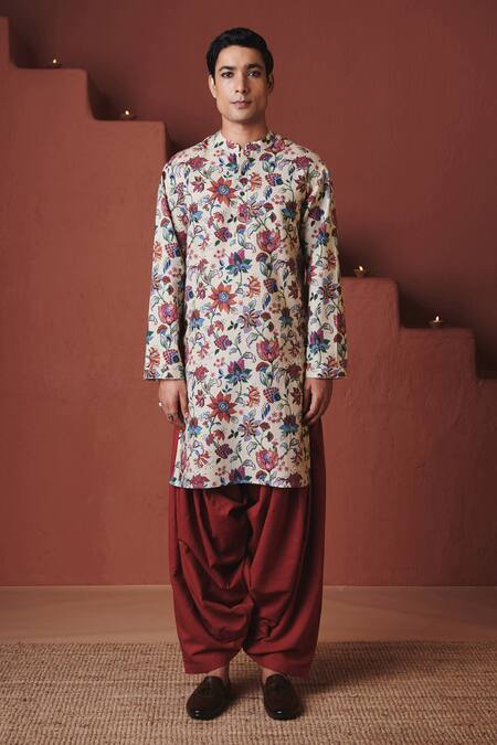 Saphed_Beige Cotton, Linen Chintz Print Kurta _at_Aza_Fashions