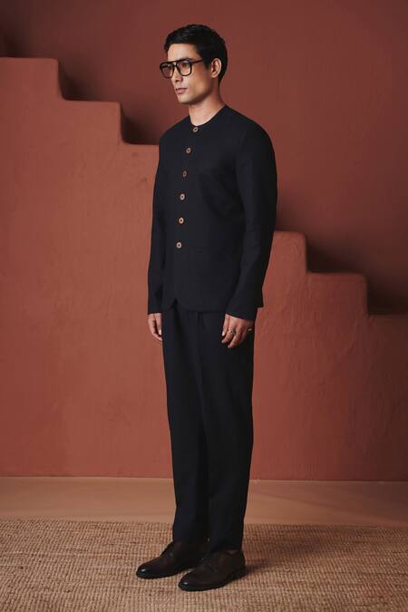 Saphed_Black Cotton, Linen Carbon Pleated Tapered Pant _Online_at_Aza_Fashions