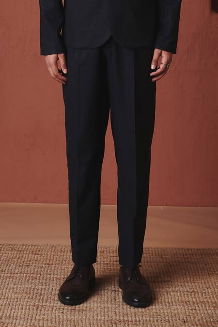Buy_Saphed_Black Cotton, Linen Carbon Pleated Tapered Pant _Online_at_Aza_Fashions